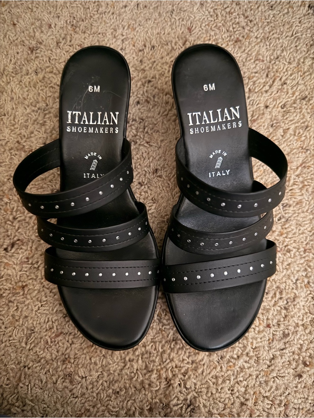 Italian Shoemakers Black Triple-Strap Studded Slide Mules